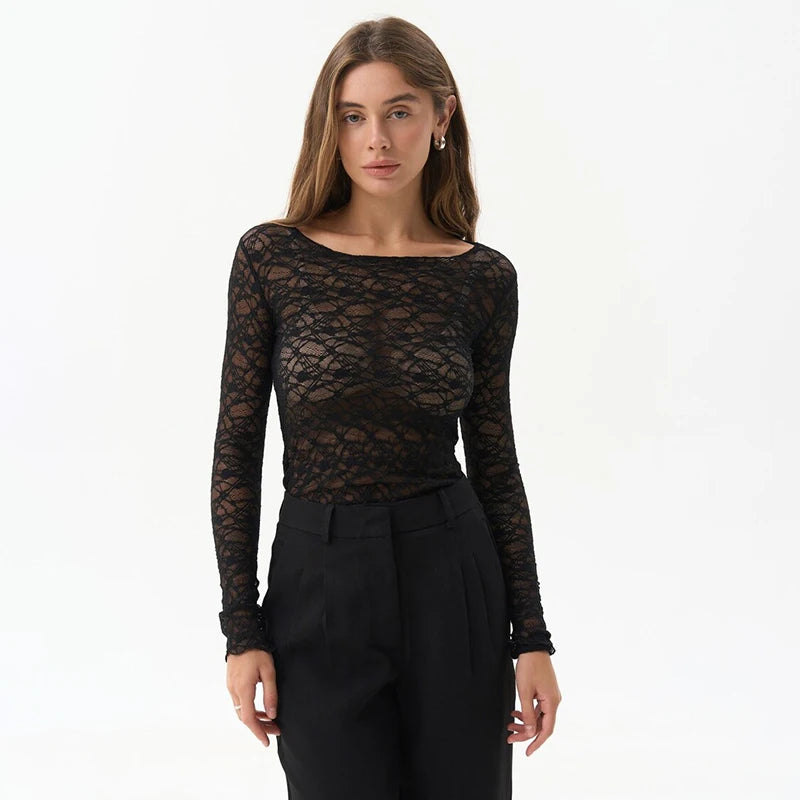 090Elegant Women's Lace Hollow Long Sleeve Top