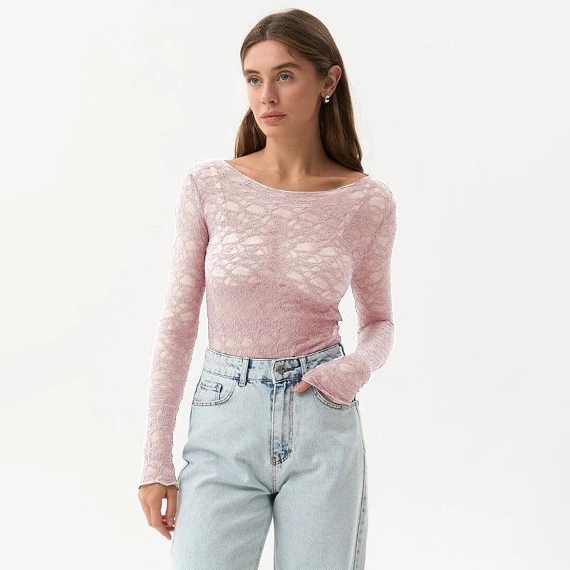 090Elegant Women's Lace Hollow Long Sleeve Top