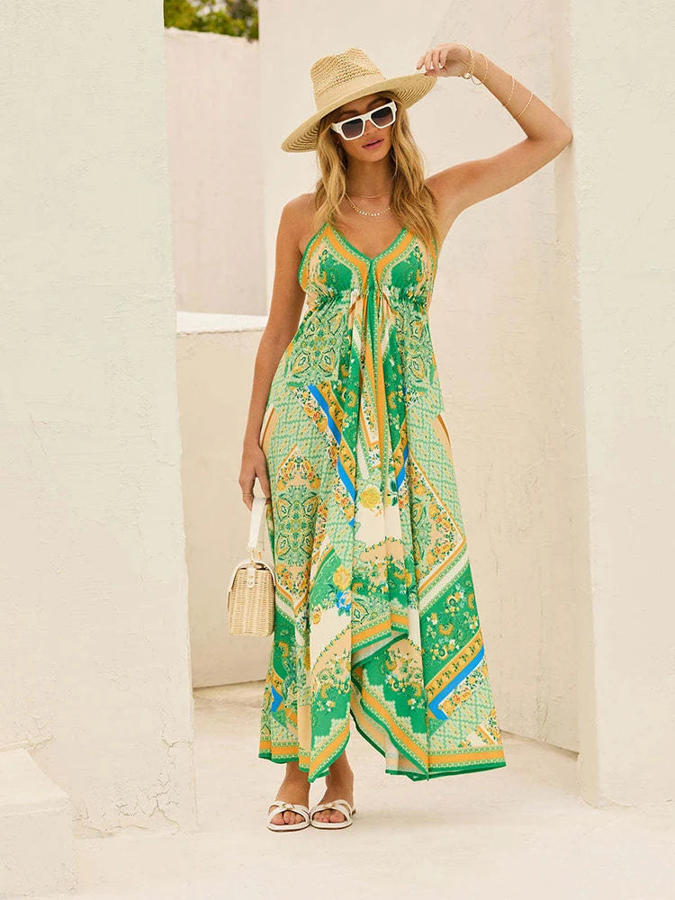 050Women's Summer V-neck Halter Bohemian Floral Long Dress