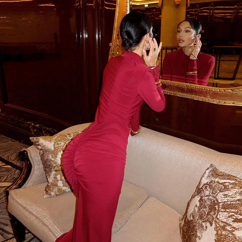 High-Collar Long-Sleeved Women's Dress
