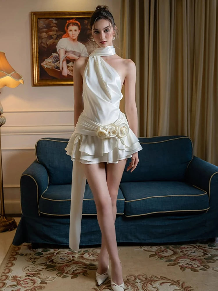 109Satin Sexy Backless 3D Flowers Women Dress