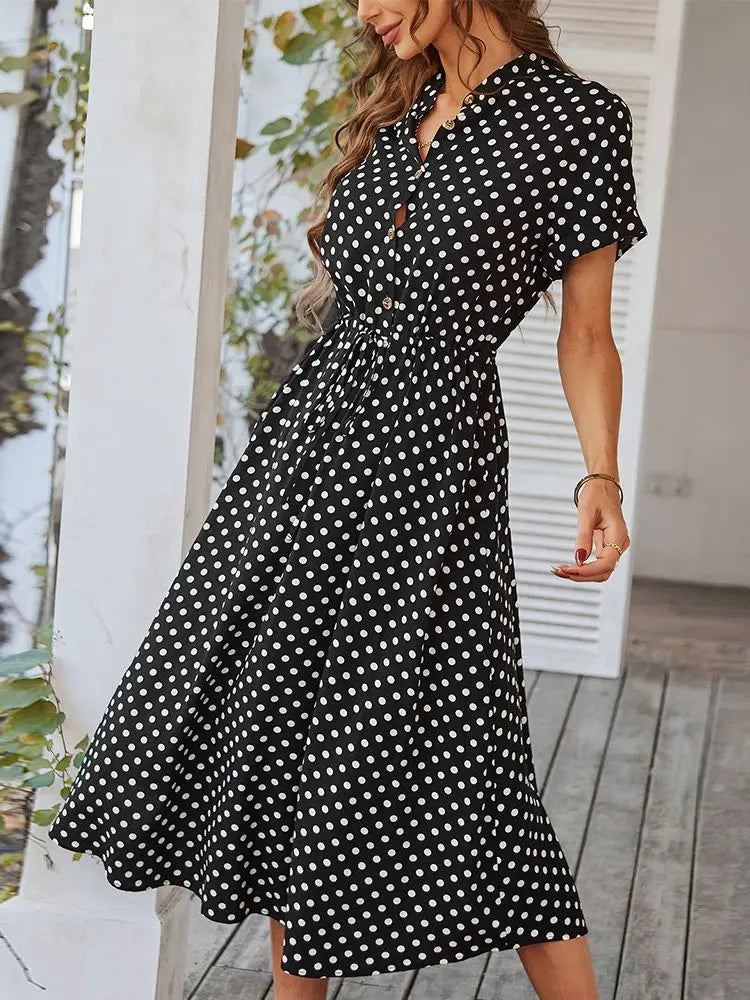 111Ladies Polka Dot Print Long Dress