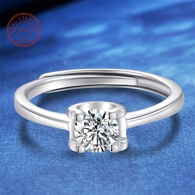 Luxury Style 925 Silver Plated 1 Carat Moissanite Engagement Adjustable Ring, Elegant Jewelry for Anniversary, Christmas, Valentine's, Birthday, Wedding Proposal Gift