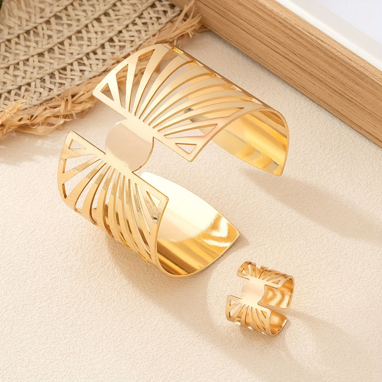 Elegant Golden-Tone Hollow Open Cuff Bracelet & Ring Set - Perfect for Daily Wear, Parties & Gifts