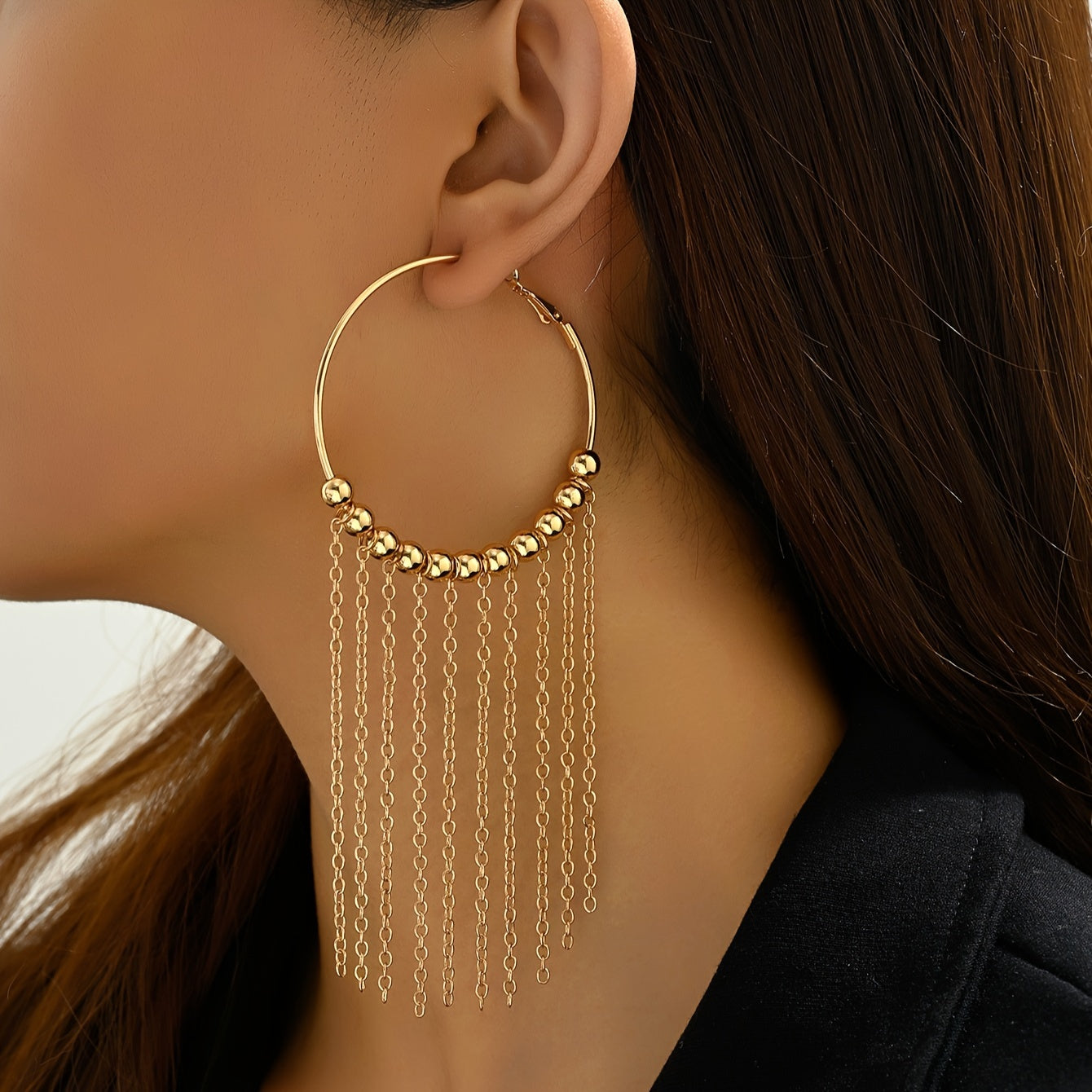 1 Pair Elegant Minimalist Tassel Beaded Hoop Earrings Alloy 18K Gold Plated Golden Color Earrings Jewelry Vacation Beach Party Wearing