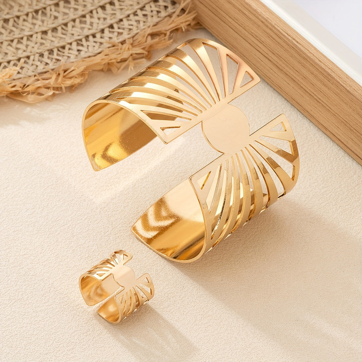 Elegant Golden-Tone Hollow Open Cuff Bracelet & Ring Set - Perfect for Daily Wear, Parties & Gifts