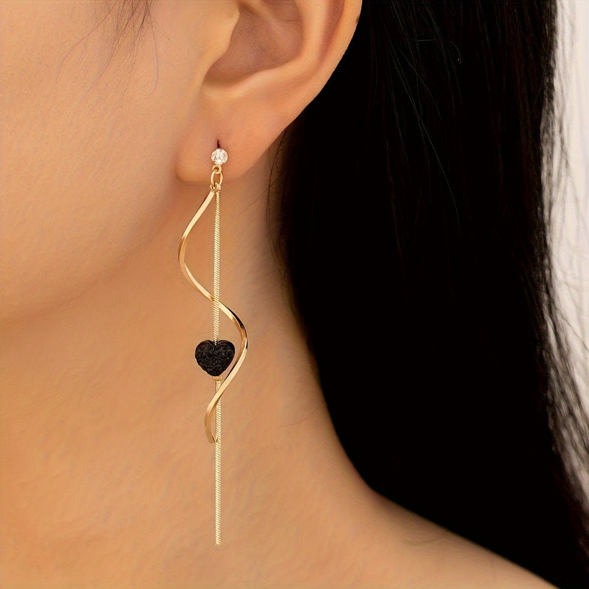 Spiral Lines Black Heart Design Dangle Earrings Elegant Cute Style 18K Gold Plated Jewelry Gift
