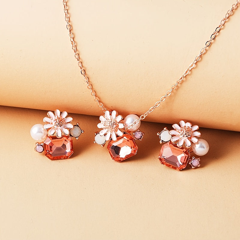 Boho Vacation Style Jewelry for Women, Zinc Alloy Necklace and Earrings with Imitation Pearls and Sunflower Pendant, Crystal Accents, Perfect for Daily Wear and Parties, Valentine'S Day Gift, Fits All Seasons
