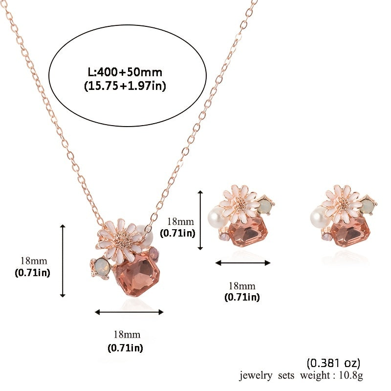 Boho Vacation Style Jewelry for Women, Zinc Alloy Necklace and Earrings with Imitation Pearls and Sunflower Pendant, Crystal Accents, Perfect for Daily Wear and Parties, Valentine'S Day Gift, Fits All Seasons
