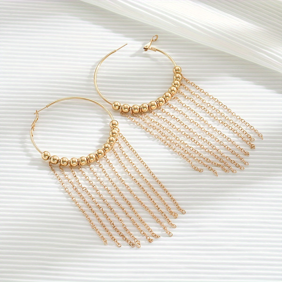 1 Pair Elegant Minimalist Tassel Beaded Hoop Earrings Alloy 18K Gold Plated Golden Color Earrings Jewelry Vacation Beach Party Wearing