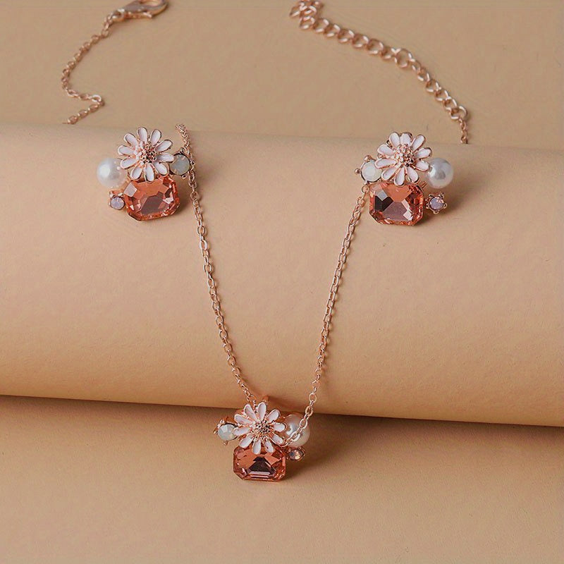 Boho Vacation Style Jewelry for Women, Zinc Alloy Necklace and Earrings with Imitation Pearls and Sunflower Pendant, Crystal Accents, Perfect for Daily Wear and Parties, Valentine'S Day Gift, Fits All Seasons