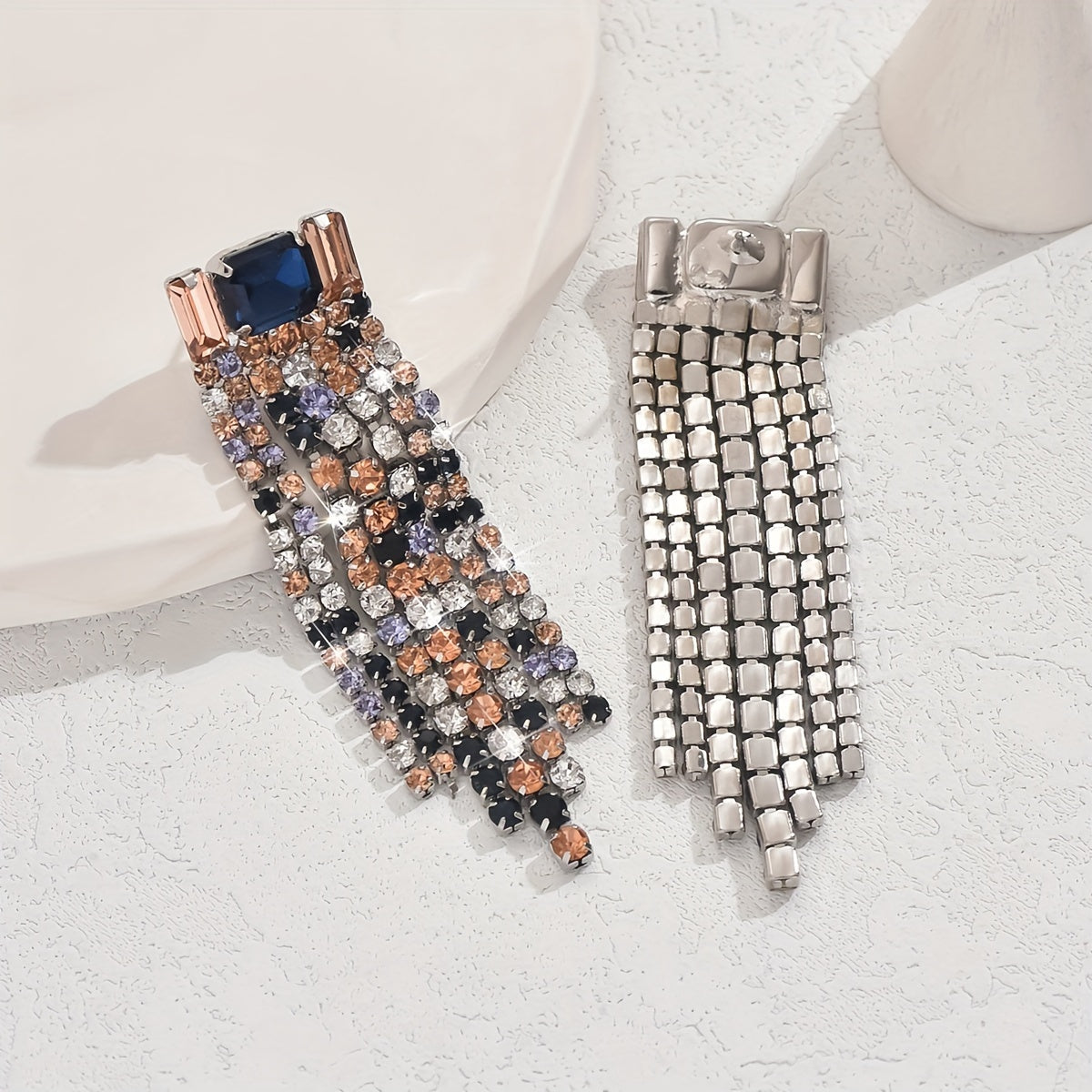 1 Pair Of Sparkling Tassel Dangle Earrings, Luxury Court Style With Mixed Color Rhinestones, Perfect For Weddings, Parties, And Daily Wear