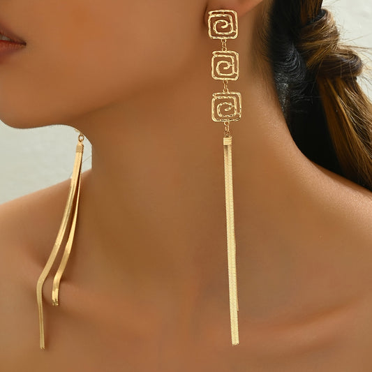 Vintage Elegant Geometric Drop Earrings with Tassel Detail, Zinc Alloy Dangle Earrings for Women, Daily Wear No Mosaic Long Earrings