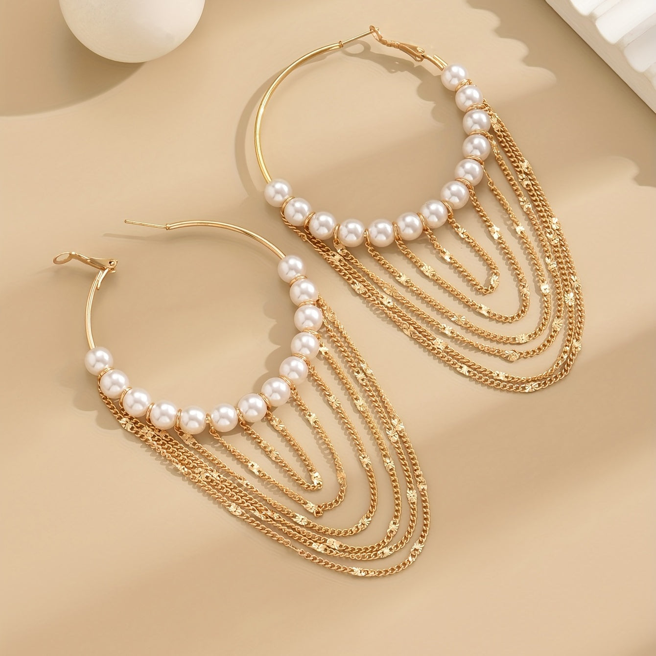 Elegant Chain Tassel Pendant Faux Pearl Hoop Earrings - Delicate Alloy Jewelry with Simple Style, Perfect for Female Gift - Dainty, Vintage-Inspired, Hypoallergenic, Nickel-Free, and Lead-Free