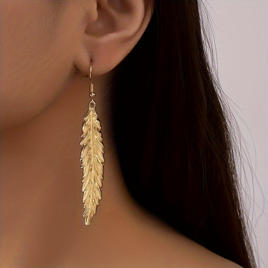 Feather Shaped Dangle Earrings Zinc Alloy 14K Plated Ear Jewelry Vintage Style Drop Earrings For Women