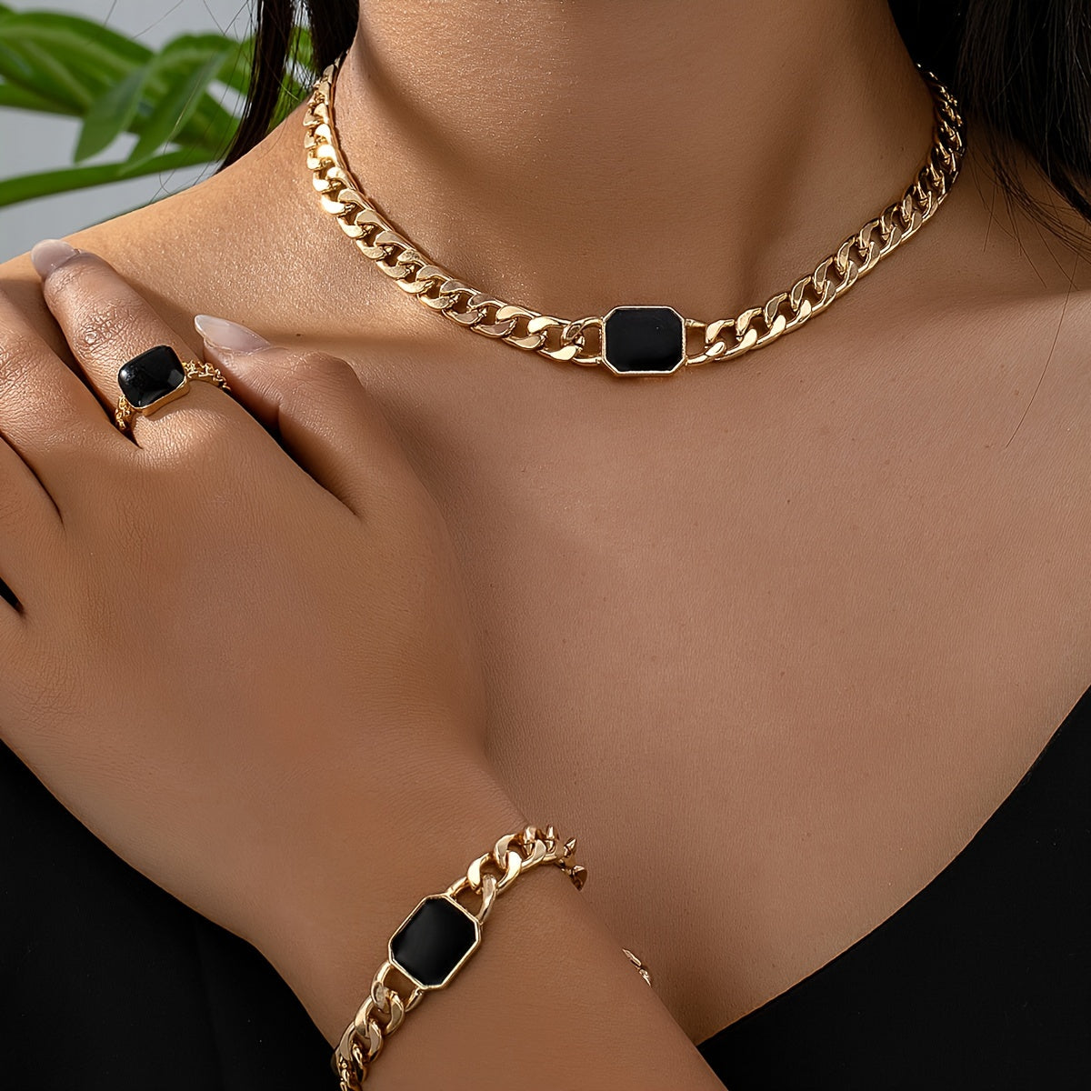 Women's Jewelry Set - Geometric Rectangular Zinc Alloy Thick Necklace, Bracelet & Ring Combo for Casual Attire and Gifting