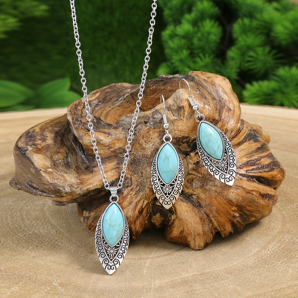 Boho-Chic 3pcs Jewelry Set for Women - Vintage Turquoise & Silvery Geometric Zinc Alloy Earrings and Necklace, Perfect for Casual Attire