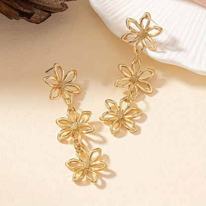 Boho Delicate Zinc Alloy 18K Gold Plated Hollow Flower Design Long Dangle Earrings - Female Vacation Style Jewelry