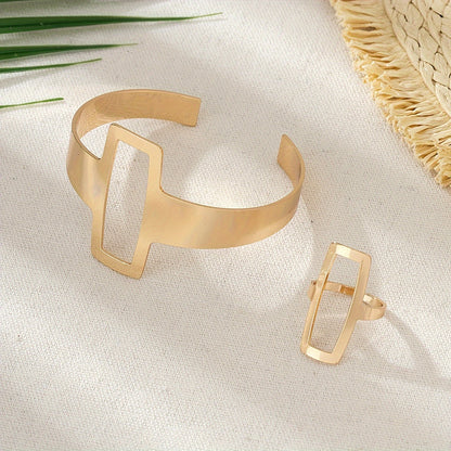 Trendy And Minimalist Geometric Square Jewelry Hollowed Out Ring And Bracelet Set Jewelry Set Gift