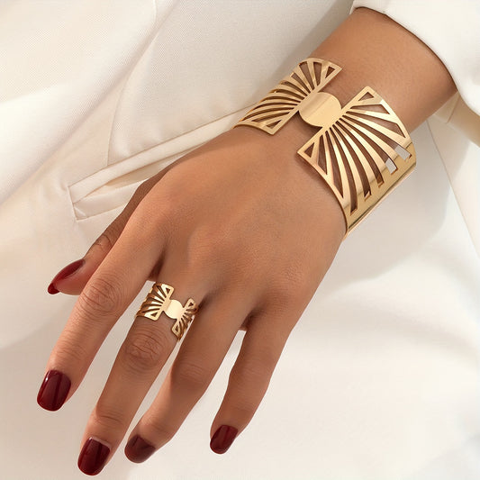 Elegant Golden-Tone Hollow Open Cuff Bracelet & Ring Set - Perfect for Daily Wear, Parties & Gifts