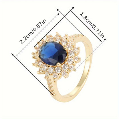 Luxury Simple Sun Flower Zirconia Copper Ring, Elegant Style Blue White Ring, Party Banquet Jewelry For Women