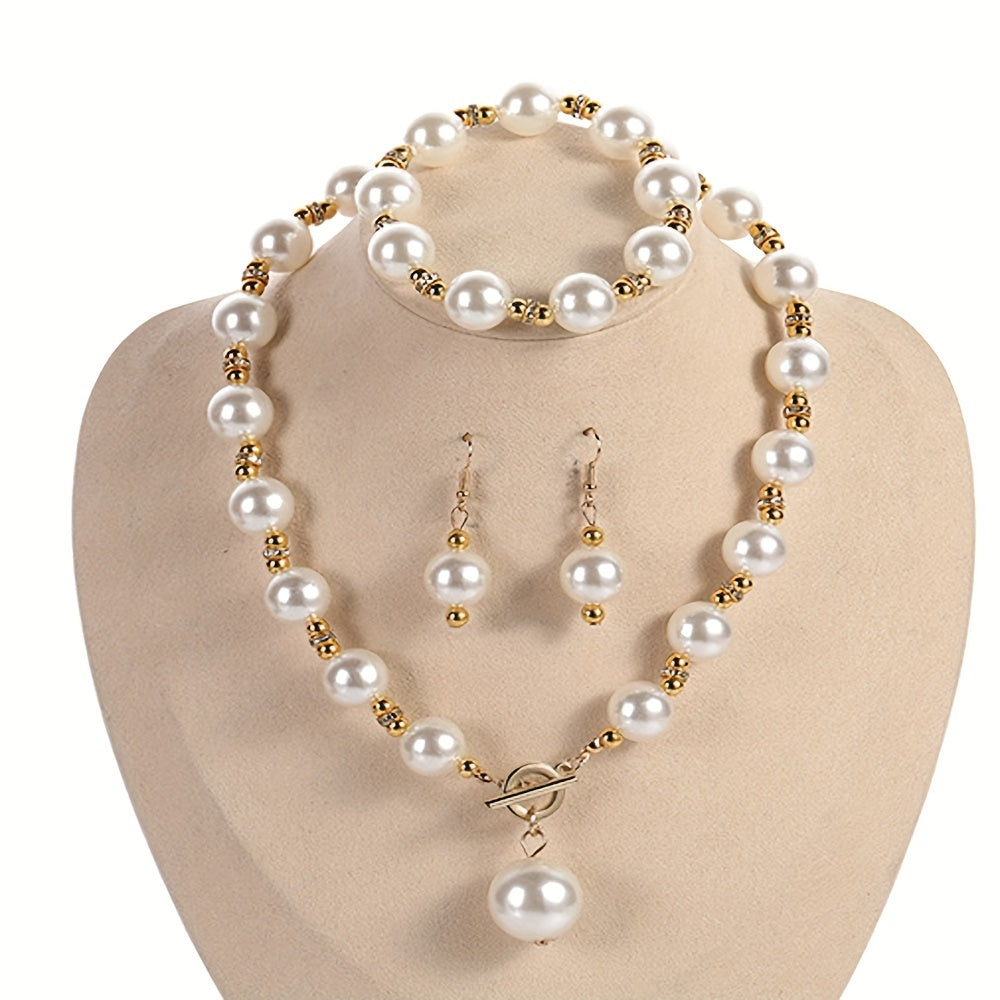 1 Set Necklace, Earrings, Bracelet, Plastic Imitation Pearl, Diamond, Versatile, Collarbone Chain Set