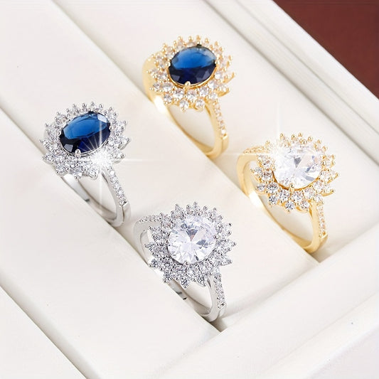 Luxury Simple Sun Flower Zirconia Copper Ring, Elegant Style Blue White Ring, Party Banquet Jewelry For Women