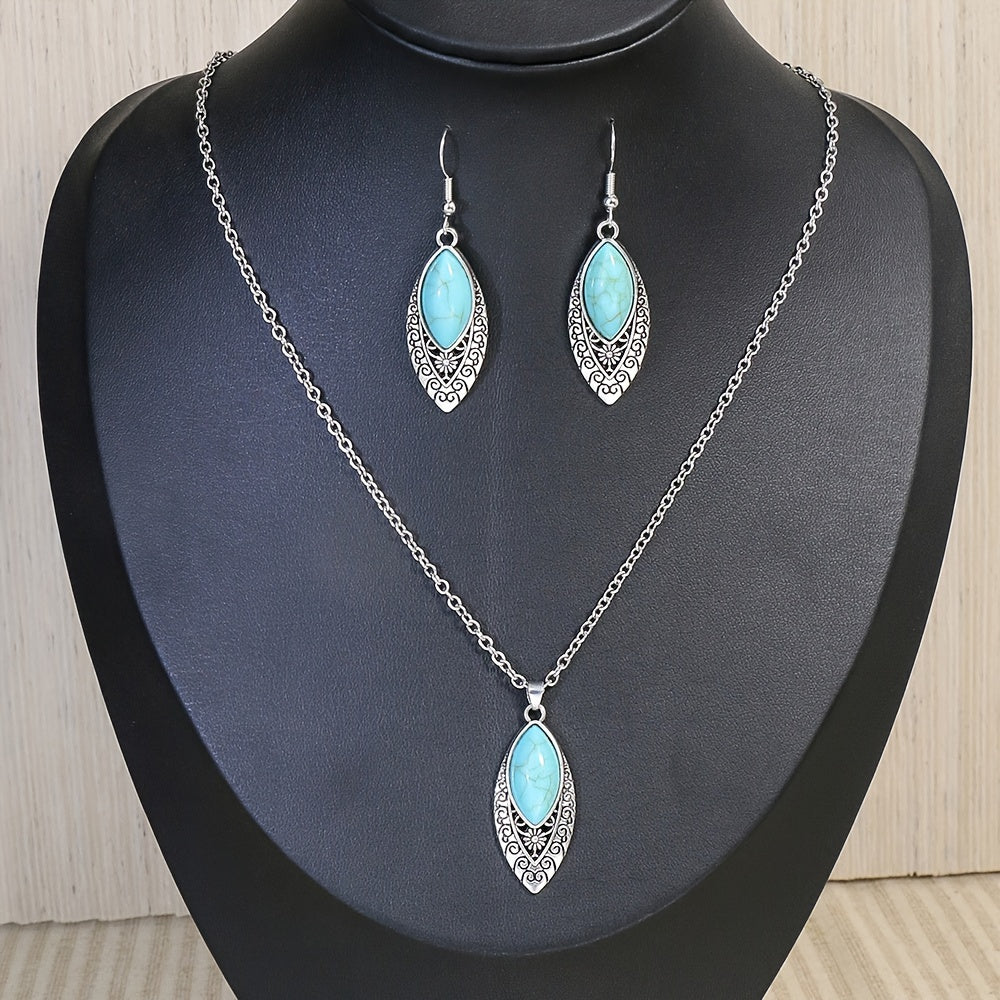 Boho-Chic 3pcs Jewelry Set for Women - Vintage Turquoise & Silvery Geometric Zinc Alloy Earrings and Necklace, Perfect for Casual Attire