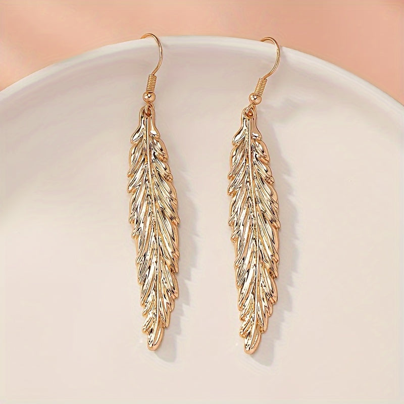Feather Shaped Dangle Earrings Zinc Alloy 14K Plated Ear Jewelry Vintage Style Drop Earrings For Women