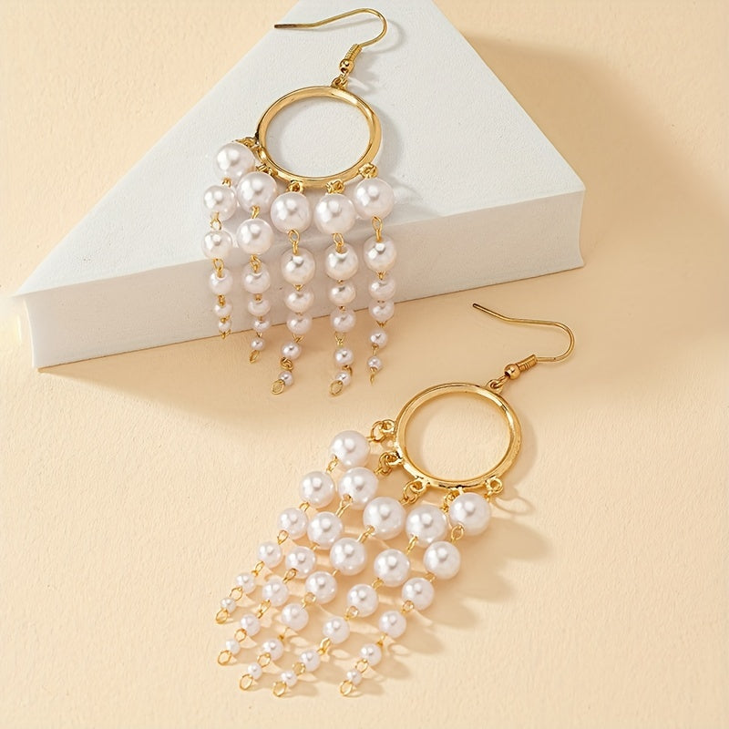 1 Pair Of Drop Earrings Sparkling Tassel Design Inlaid Faux Pearls Match Daily Outfits Party Accessories Casual Dating Decor