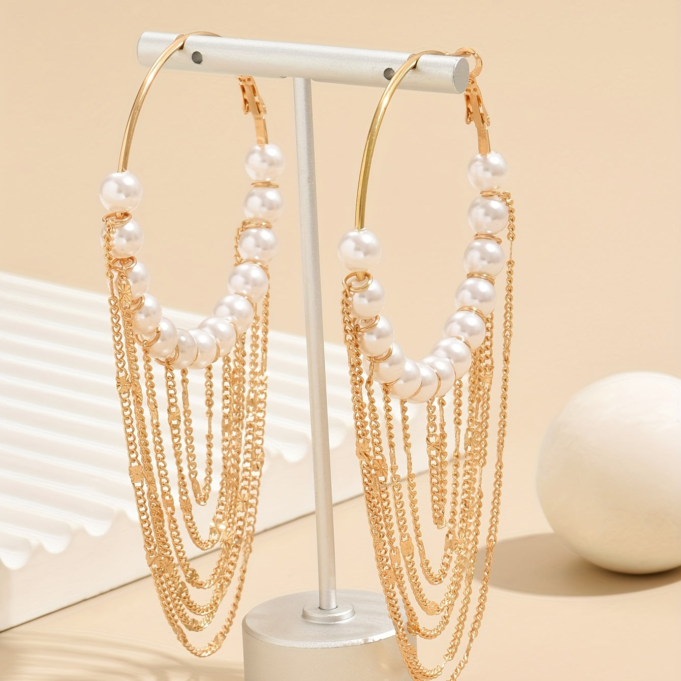 Elegant Chain Tassel Pendant Faux Pearl Hoop Earrings - Delicate Alloy Jewelry with Simple Style, Perfect for Female Gift - Dainty, Vintage-Inspired, Hypoallergenic, Nickel-Free, and Lead-Free