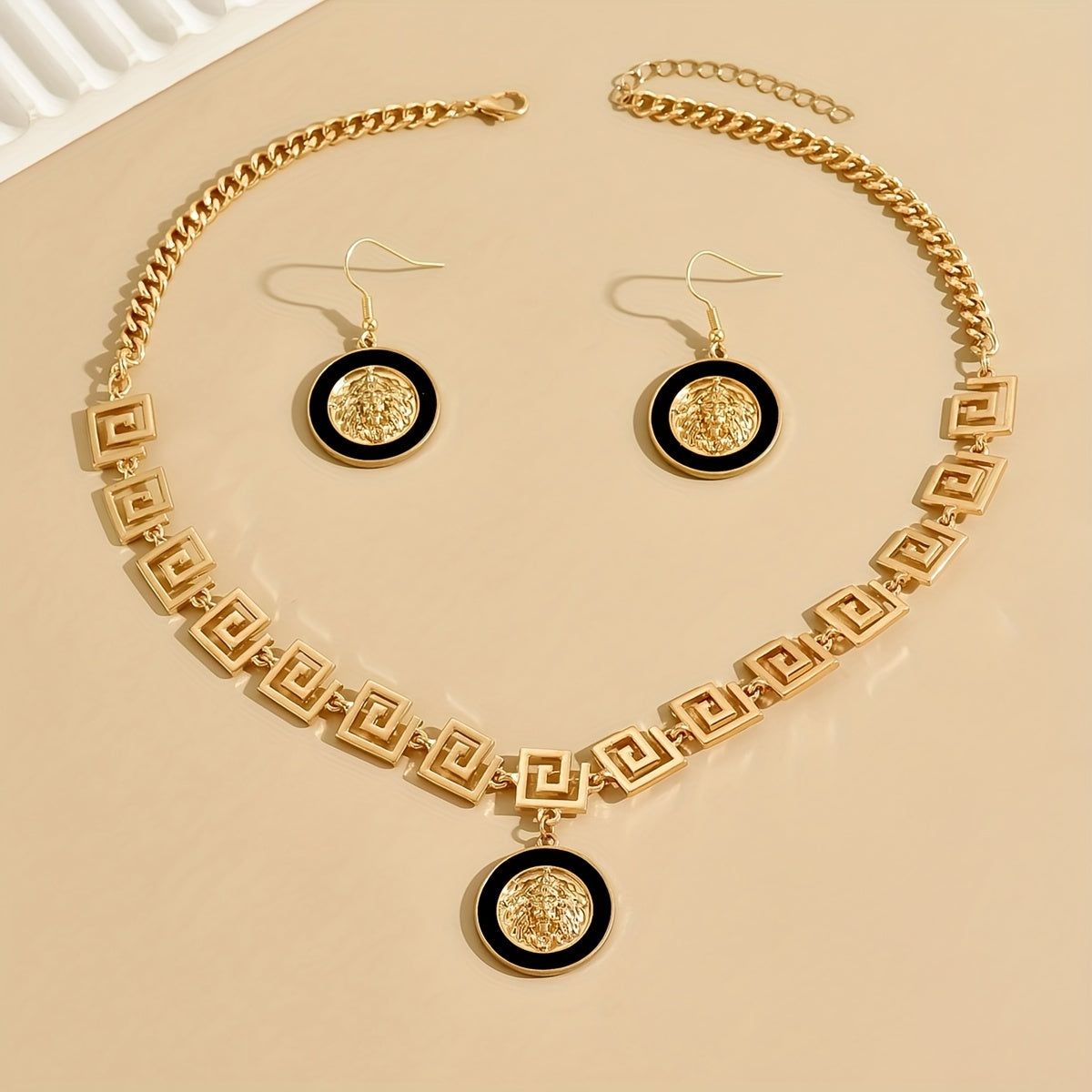 Elegant Enamel Lion Head Pendant Necklace and Earrings, Classic Letter Chain, Iron Material with Zinc Alloy Detail, Grace Theme, Black and Golden Finish