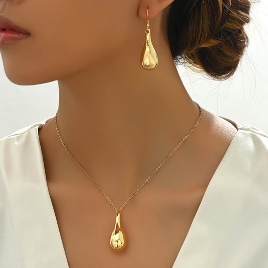 Elegant Golden-Tone Teardrop Earrings and Necklace Set - Minimalist Luxury, Resin Crafted, Perfect for Daily Wear & Parties