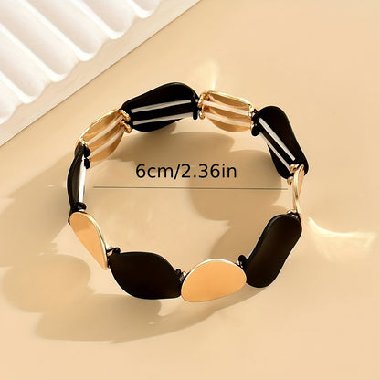 Vintage Style Stretch Bracelet with Contrast Round Black and Gold-Tone Zinc Alloy Discs for Women - Simple Elastic Bangle, No Plating, Perfect for Daily Wear and Parties