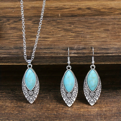 Boho-Chic 3pcs Jewelry Set for Women - Vintage Turquoise & Silvery Geometric Zinc Alloy Earrings and Necklace, Perfect for Casual Attire