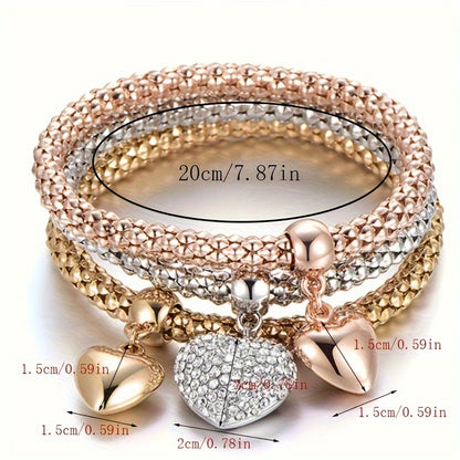 3pcs/Set Silvery Rose Corn Chain Bracelet, Tree Of Life Heart Shape Elastic Combination Bracelets