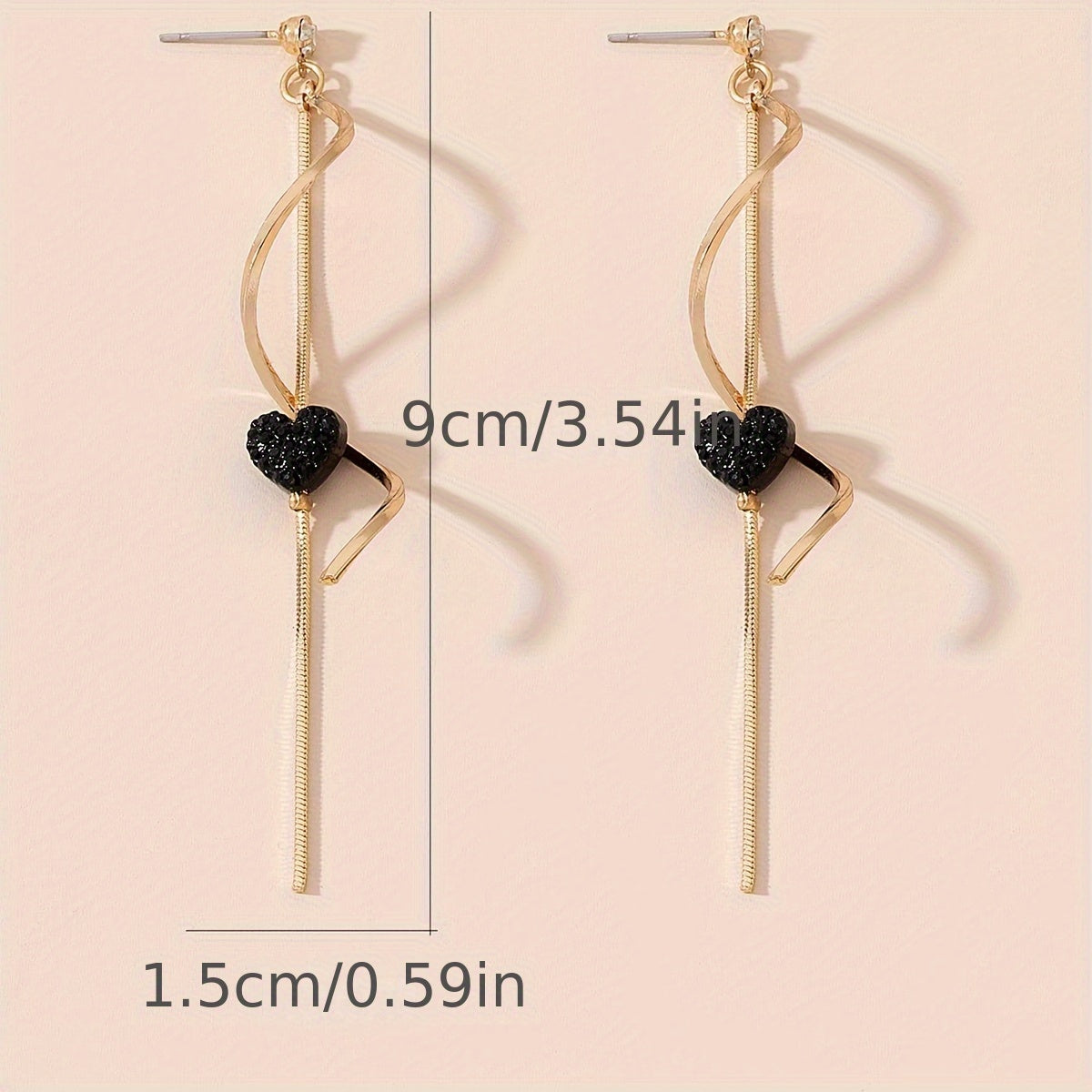 Spiral Lines Black Heart Design Dangle Earrings Elegant Cute Style 18K Gold Plated Jewelry Gift