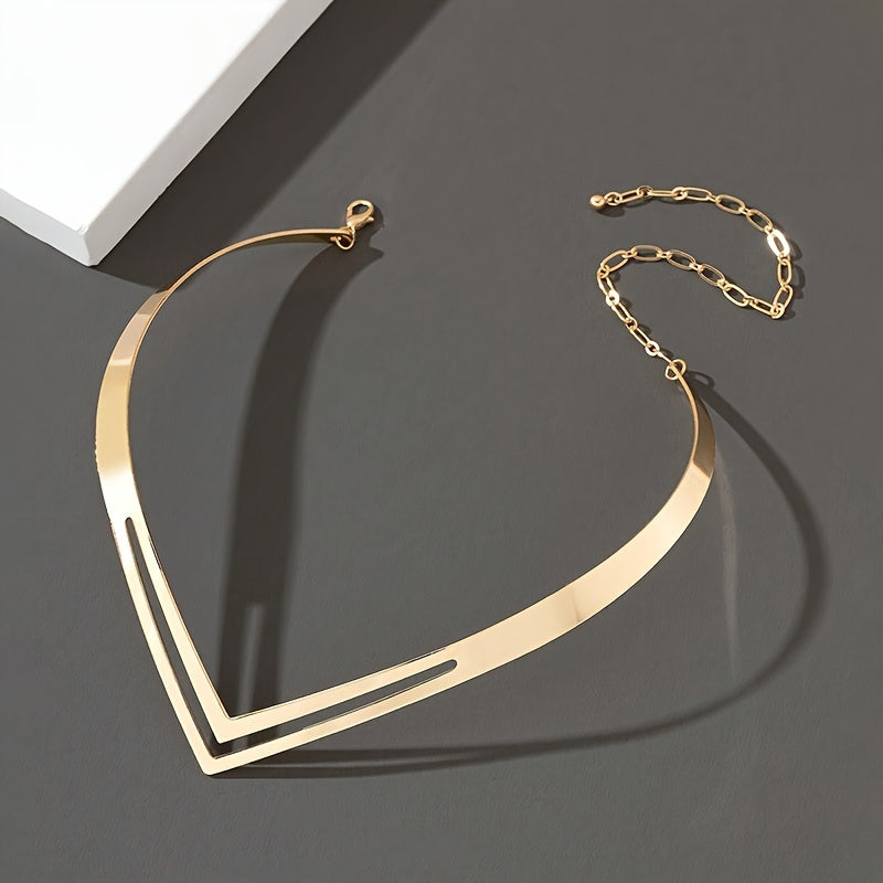 Elegant Double-Layered V-Shaped Choker Necklace for Women - Simple Hollow Design, Alloy, Perfect for Parties & Casual Wear