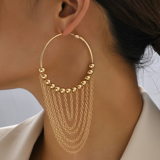 Golden Circle Tassel Hoop Dangle Earrings 18K Gold Plated Ornaments