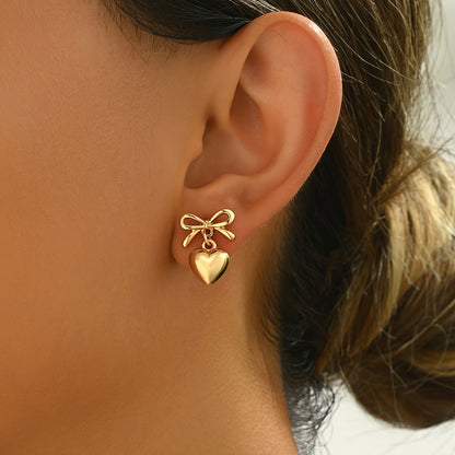 Elegant Boho Chic Bow & Heart Drop 14K Gold Plated Earrings - Zinc Alloy with Stainless Steel Posts, Perfect for Casual Attire or Gifting