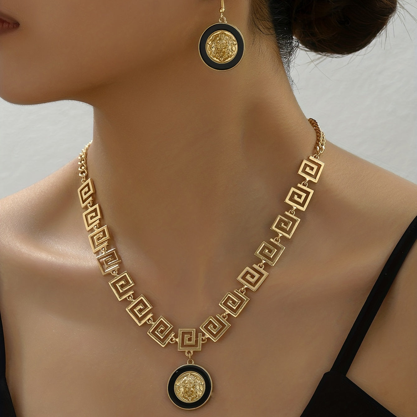 Elegant Enamel Lion Head Pendant Necklace and Earrings, Classic Letter Chain, Iron Material with Zinc Alloy Detail, Grace Theme, Black and Golden Finish