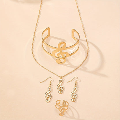 Elegant Music Note Jewelry Set: A Chic Necklace, Dangling Earrings, A Statement Bracelet, and a Ring, Perfect for Everyday Wear and Music Festivals