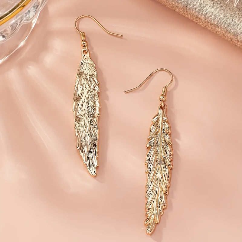 Feather Shaped Dangle Earrings Zinc Alloy 14K Plated Ear Jewelry Vintage Style Drop Earrings For Women