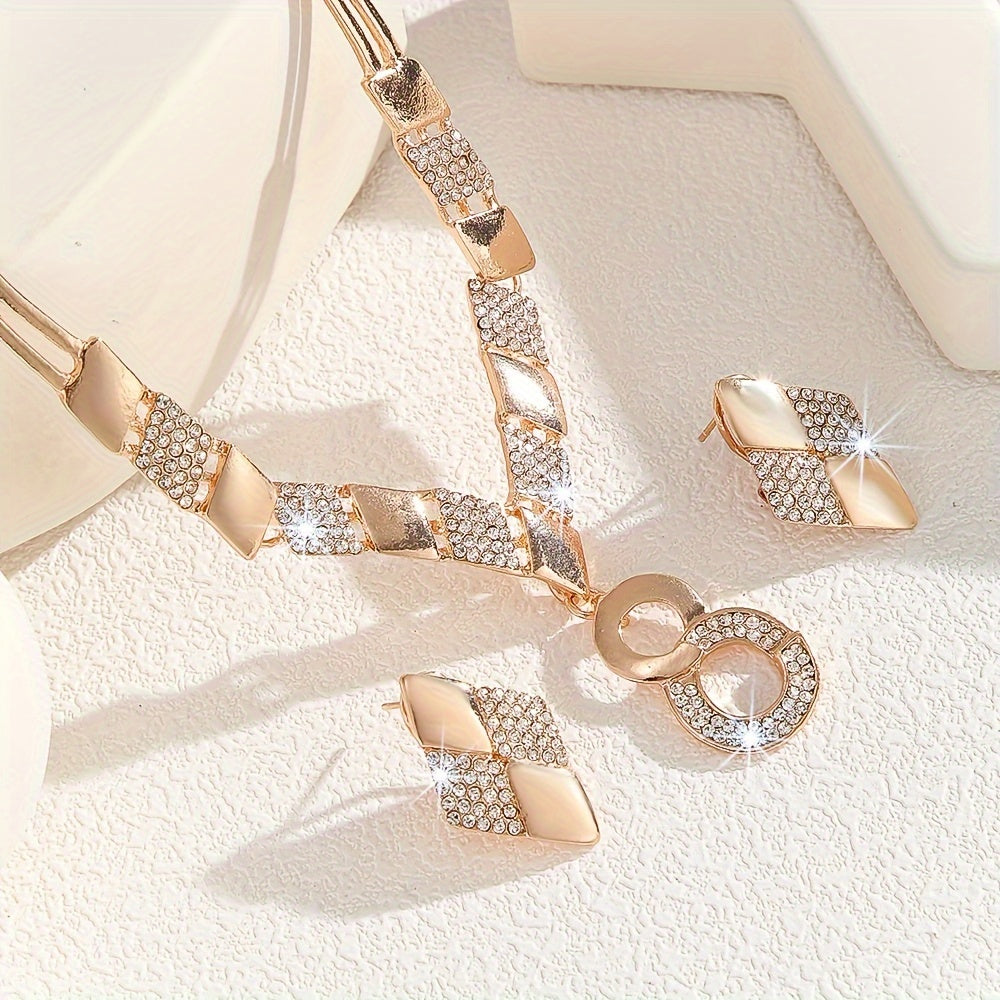 Luxurious 3pcs Gold-Plated Jewelry Set with Sparkling Rhinestones - Vintage & Sexy Alloy Necklace and Earrings, Perfect for Weddings, Gifts, Valentine's Day, Bling Jewelry