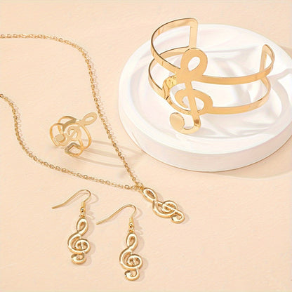 Elegant Music Note Jewelry Set: A Chic Necklace, Dangling Earrings, A Statement Bracelet, and a Ring, Perfect for Everyday Wear and Music Festivals