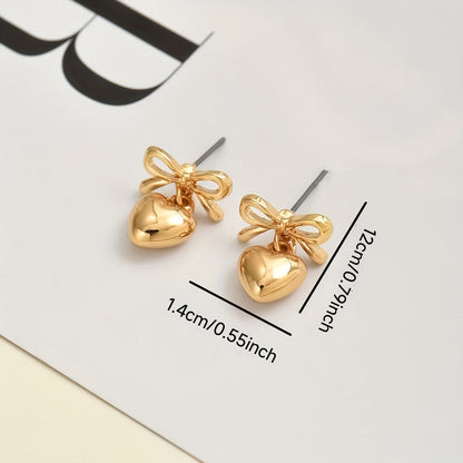 Elegant Boho Chic Bow & Heart Drop 14K Gold Plated Earrings - Zinc Alloy with Stainless Steel Posts, Perfect for Casual Attire or Gifting