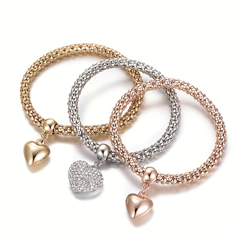 3pcs/Set Silvery Rose Corn Chain Bracelet, Tree Of Life Heart Shape Elastic Combination Bracelets