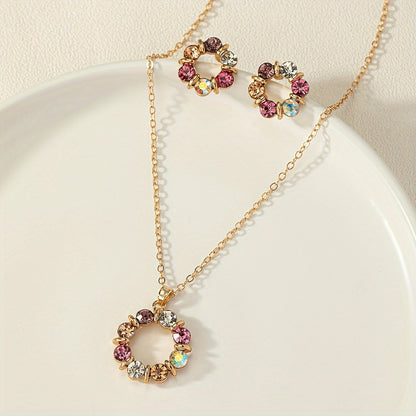 1 Pair Of Earrings + 1 Necklace Chic Jewelry Set Sparkling Flower Design Multi Colors For U To Choose Casual Jewelry For Daily Commuting & Working