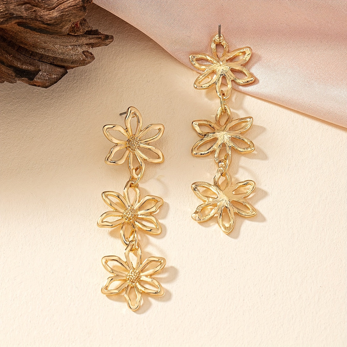 Boho Delicate Zinc Alloy 18K Gold Plated Hollow Flower Design Long Dangle Earrings - Female Vacation Style Jewelry