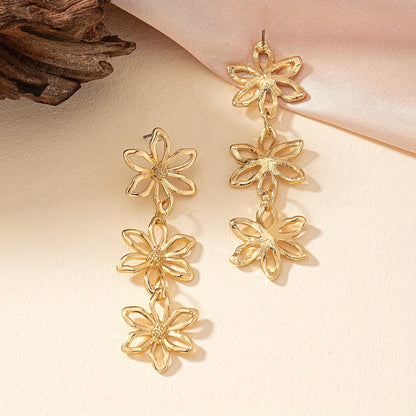 Boho Delicate Zinc Alloy 18K Gold Plated Hollow Flower Design Long Dangle Earrings - Female Vacation Style Jewelry